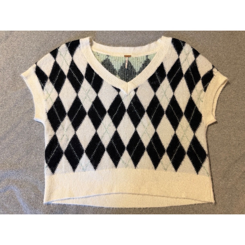 Free People Sweater Women's Small Through The Motions Argyle Vest Cropped Boxy - Picture 7 of 14